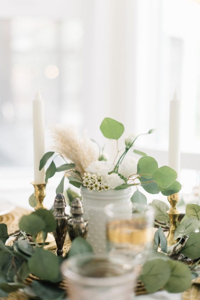 milk glass vase with dried and fresh flowers