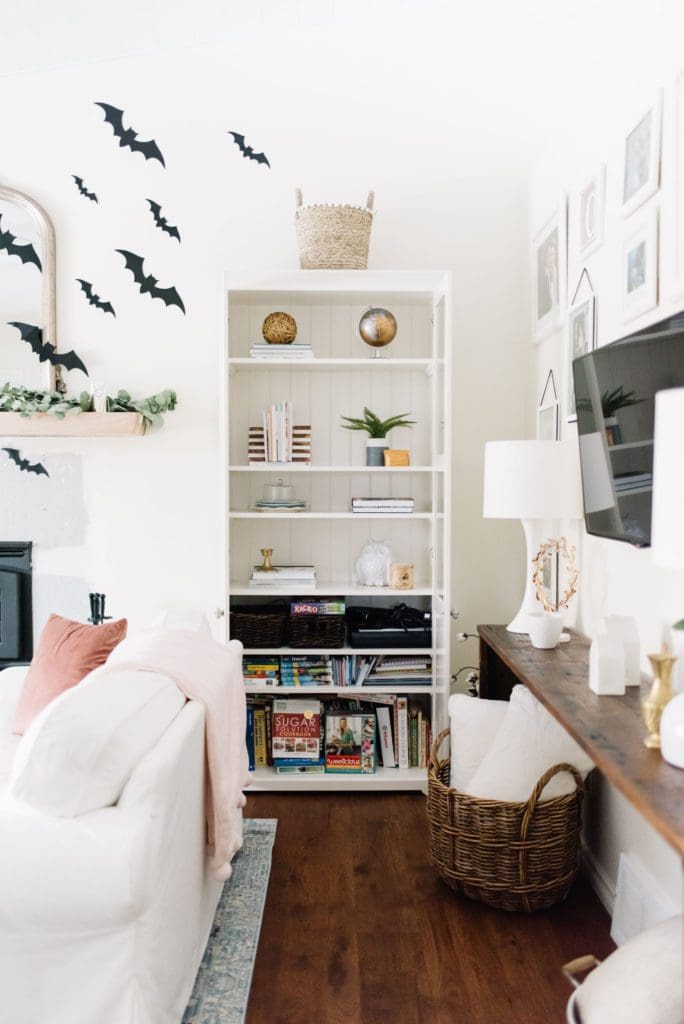 open bookshelf in a living room