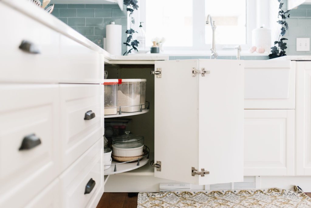 Pantry staples are stored within easy reach in a small kitchen