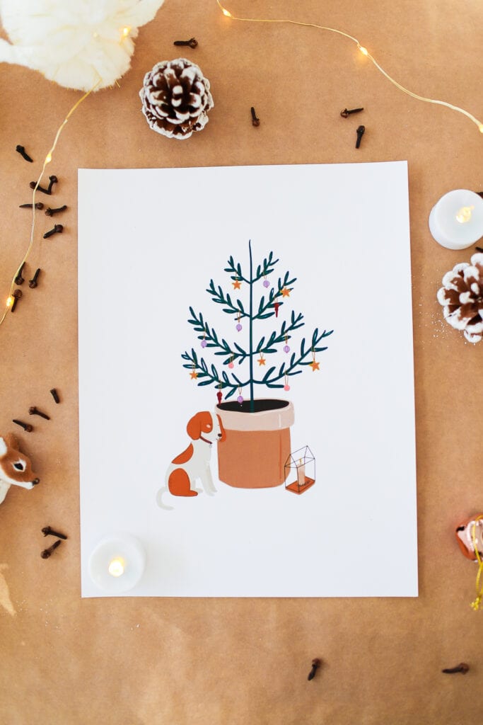 Christmas printable art print with Christmas tree, puppy and lantern.