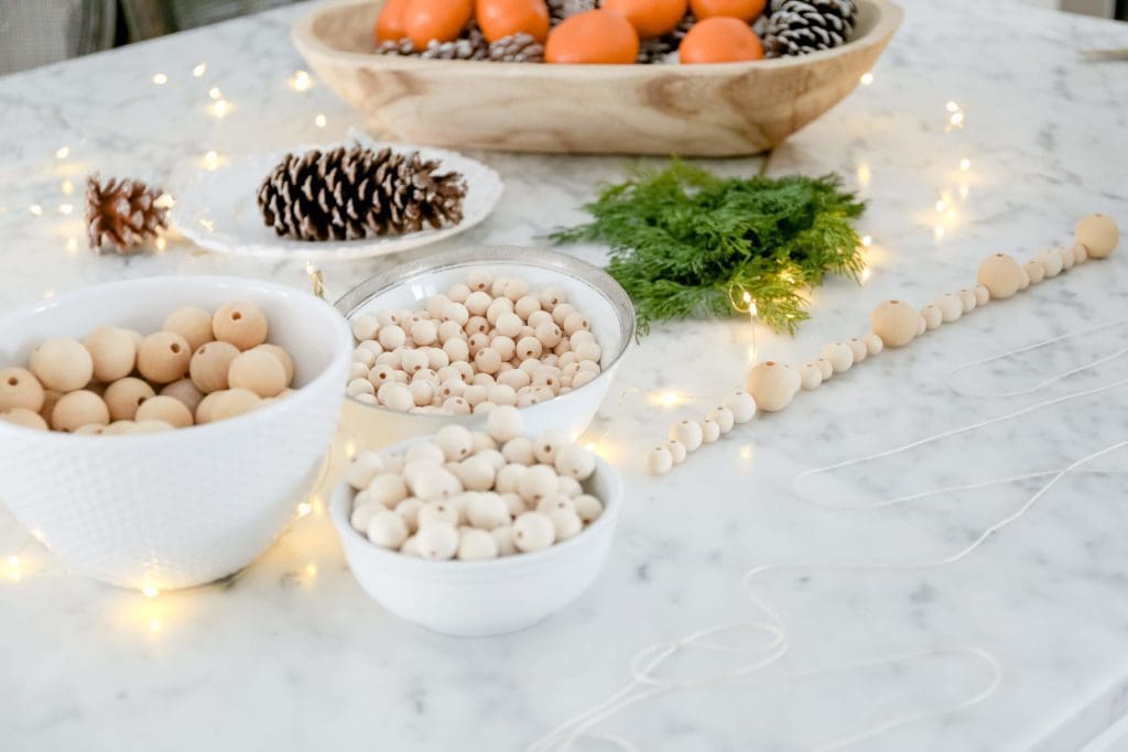 wooden beads in bowl on counter