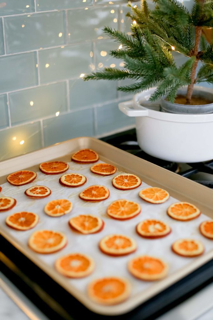 Christmas dried orange slices on a baking tray