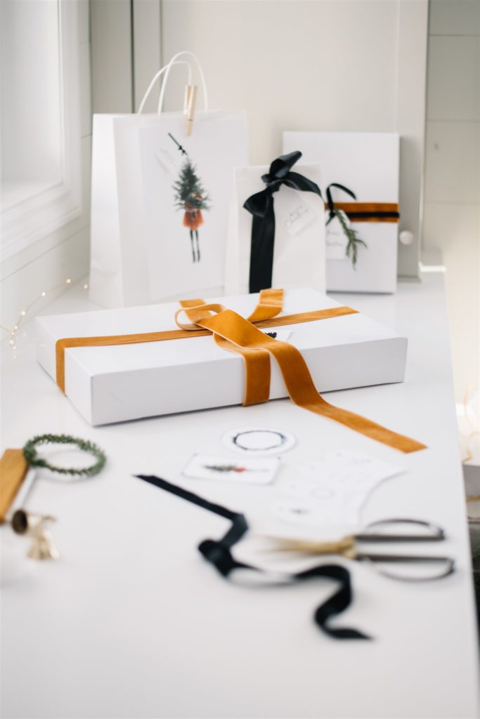 gifts wrapped with velvet ribbon