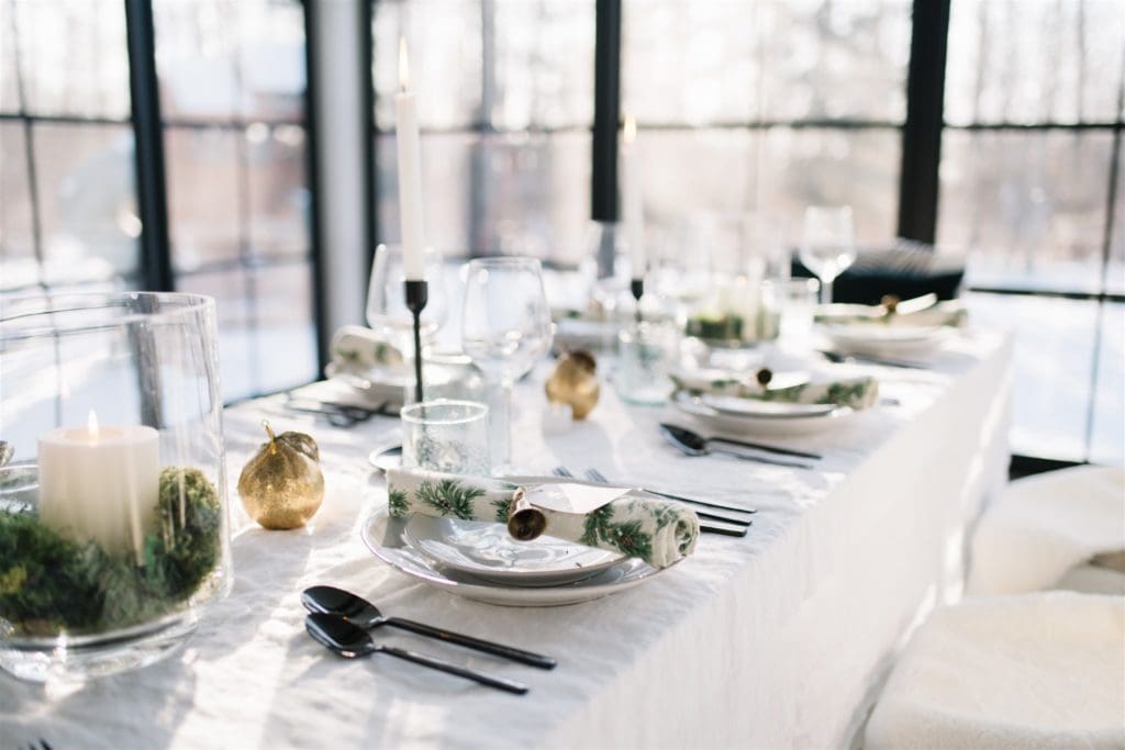 Christmas table with pear ornaments in the center