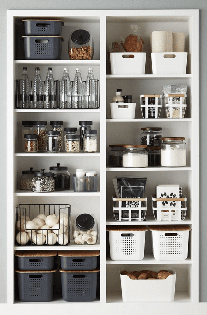 An organized black and white pantry