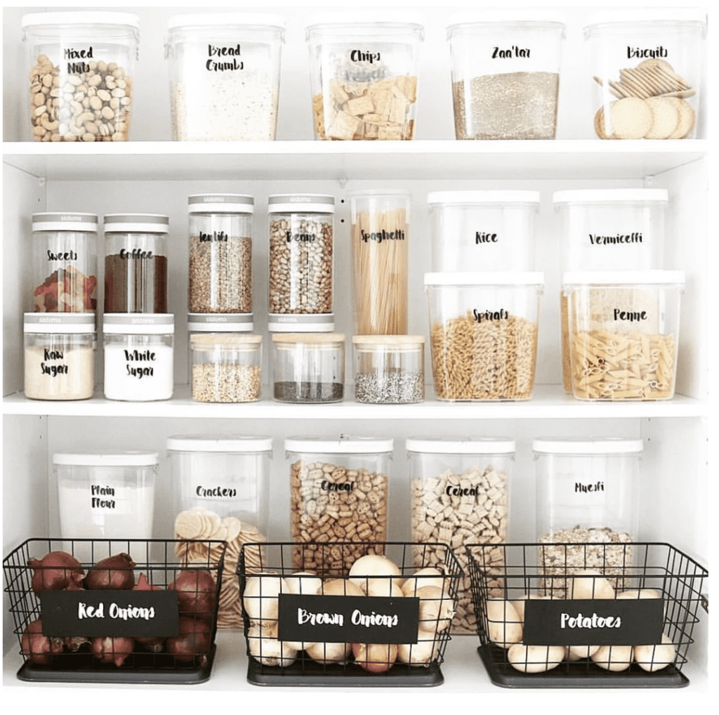 pantry organized with clear containers