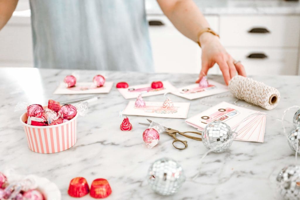 valentine\'s day cards, candies and disco balls