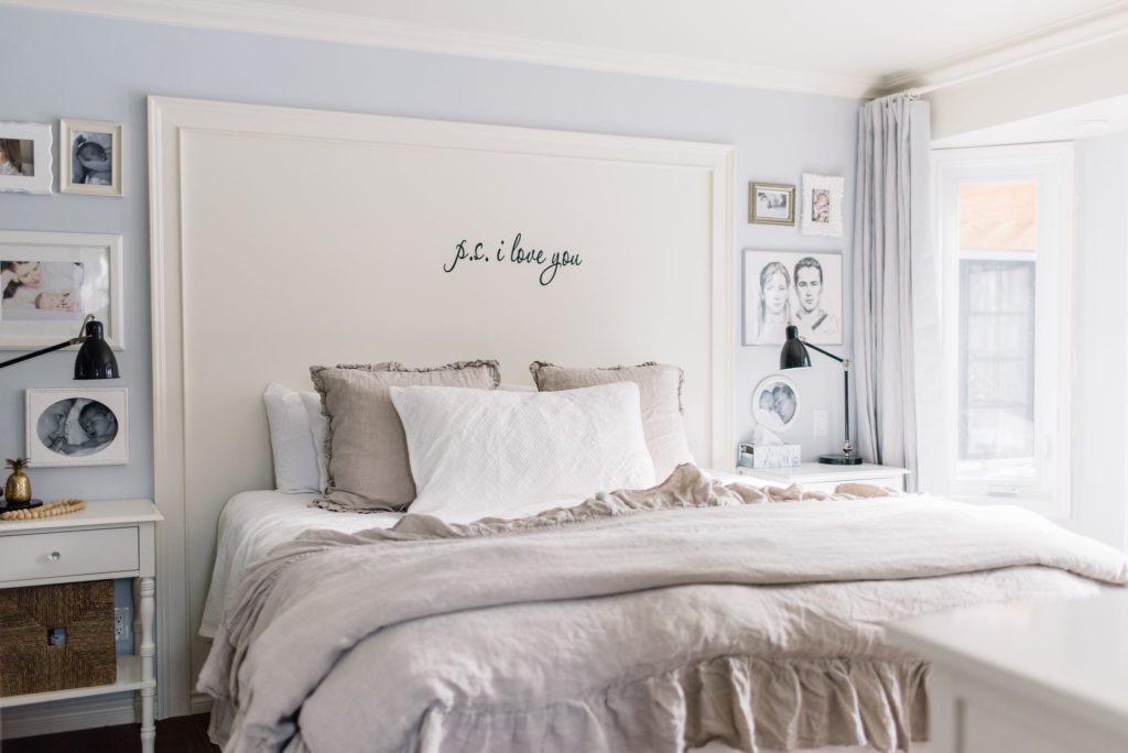 DIY faux headboard and king size bed in a small master bedroom