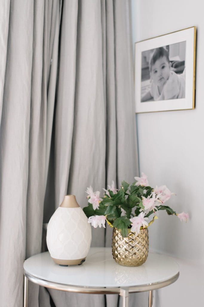 A Christmas cactus and essential oil diffuser sit on a small table under a gold framed family photo in this master bedroom.