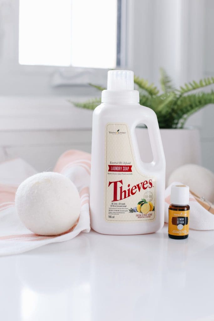 A bottle of laundry detergent sitting on a counter