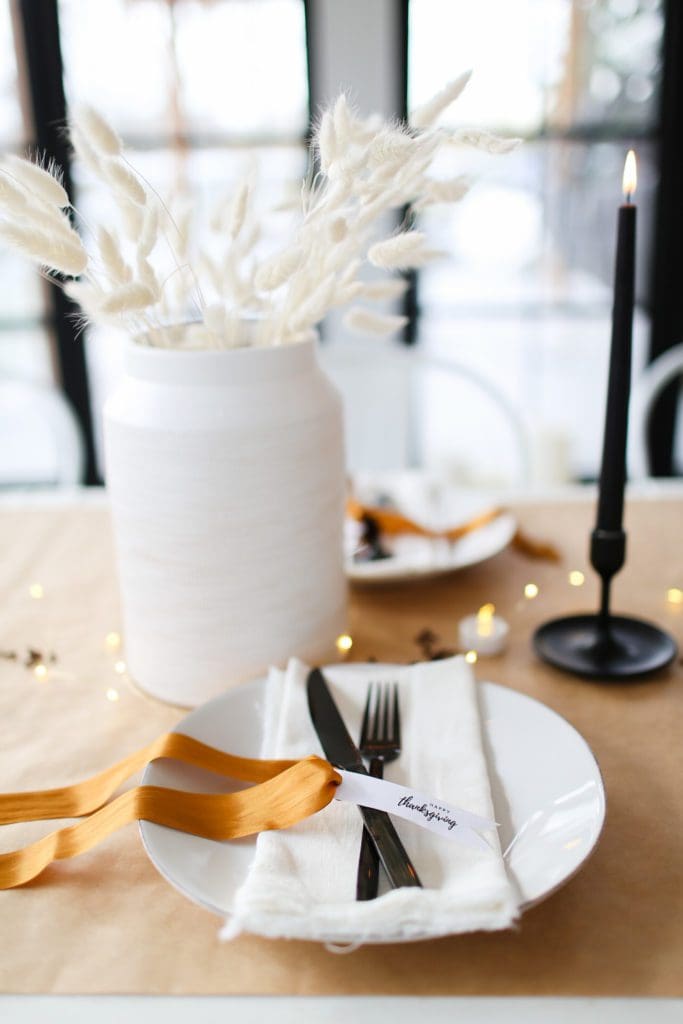 Fall table setting with burnished bronze ribbon