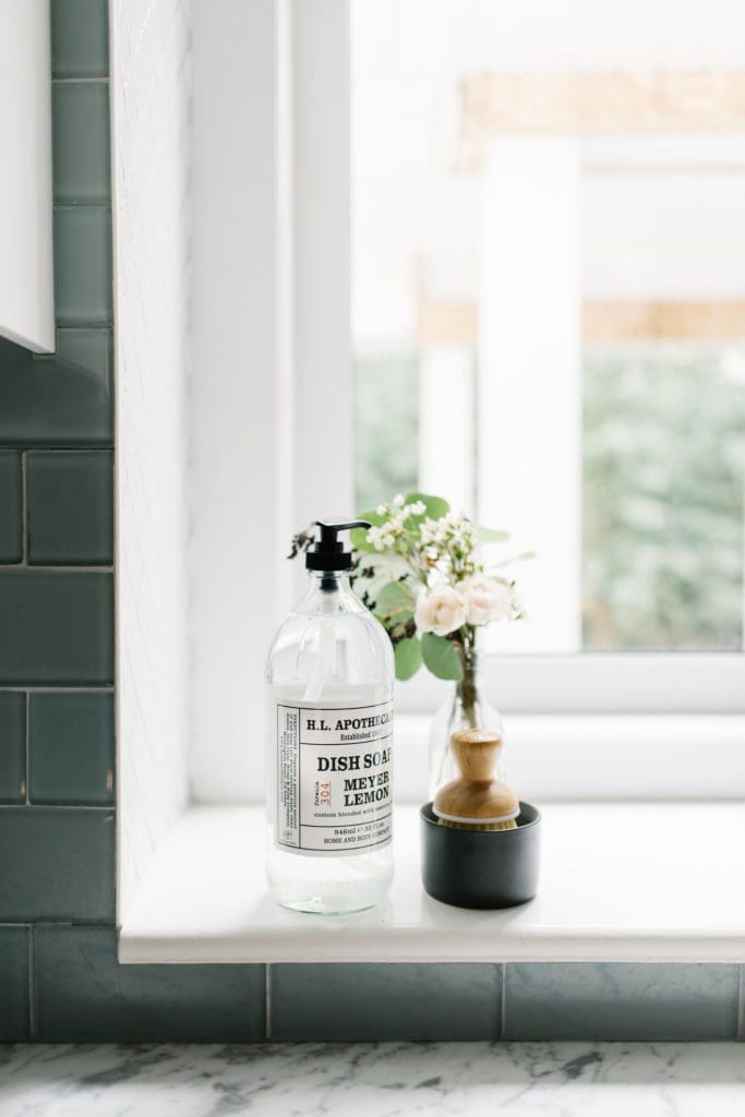 bottle of handsoap and scrub brush on kitchen window sill