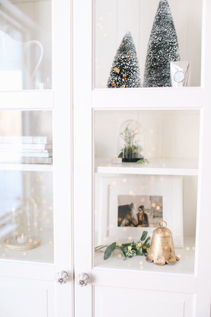 Christmas ornaments inside a bookcase