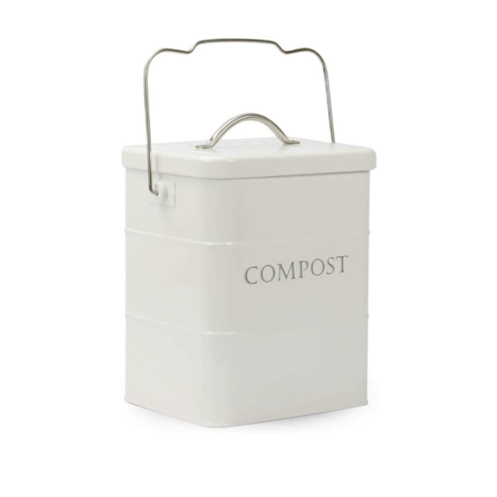 a white metal compost bin