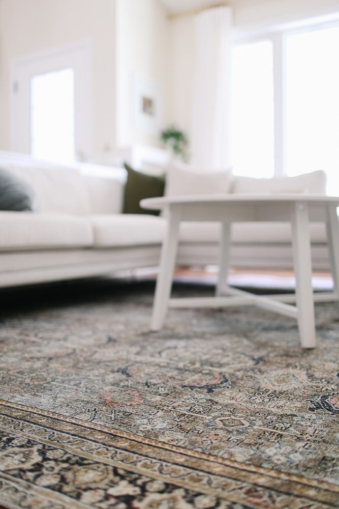 Close up of vintage patterned area rug on living room floor